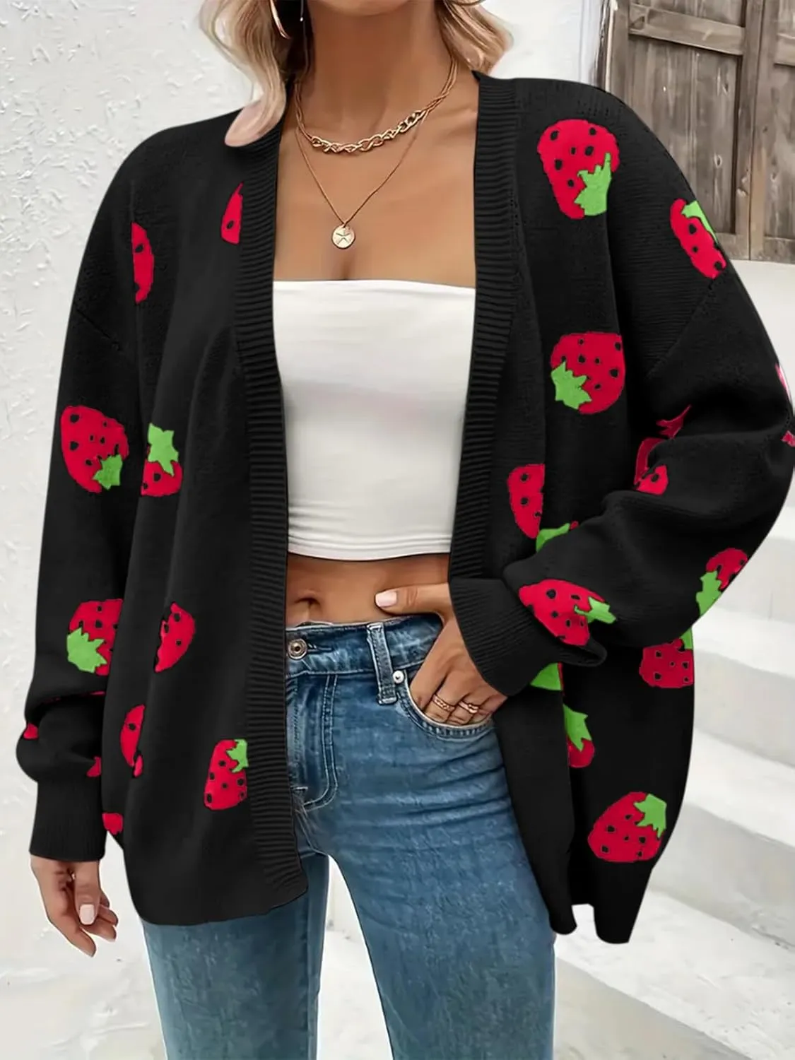 Women's Plus Size Strawberry Floral Print Long Sleeve Open Front Knit Cardigan Sweater