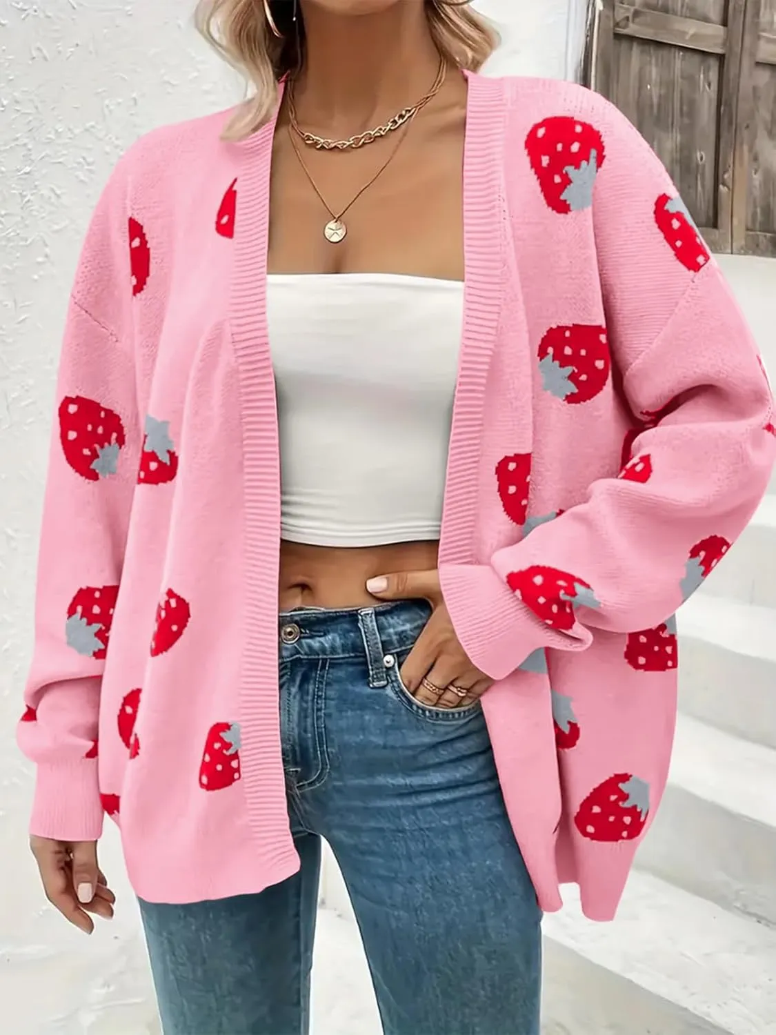 Women's Plus Size Strawberry Floral Print Long Sleeve Open Front Knit Cardigan Sweater