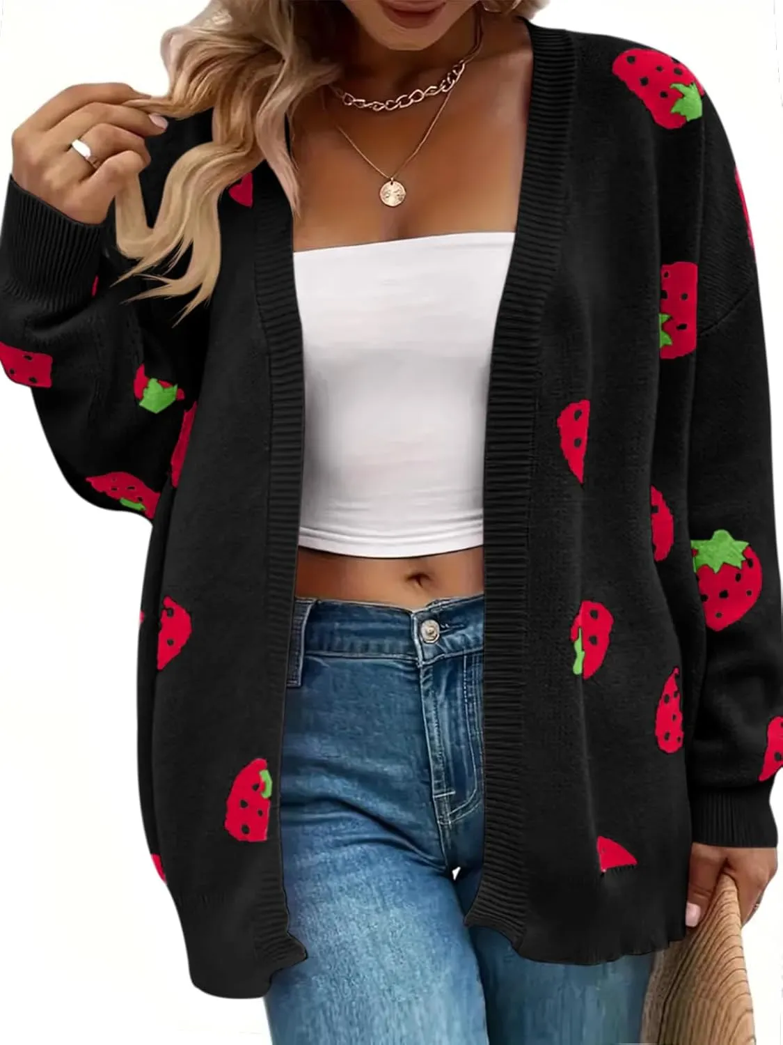 Women's Plus Size Strawberry Floral Print Long Sleeve Open Front Knit Cardigan Sweater