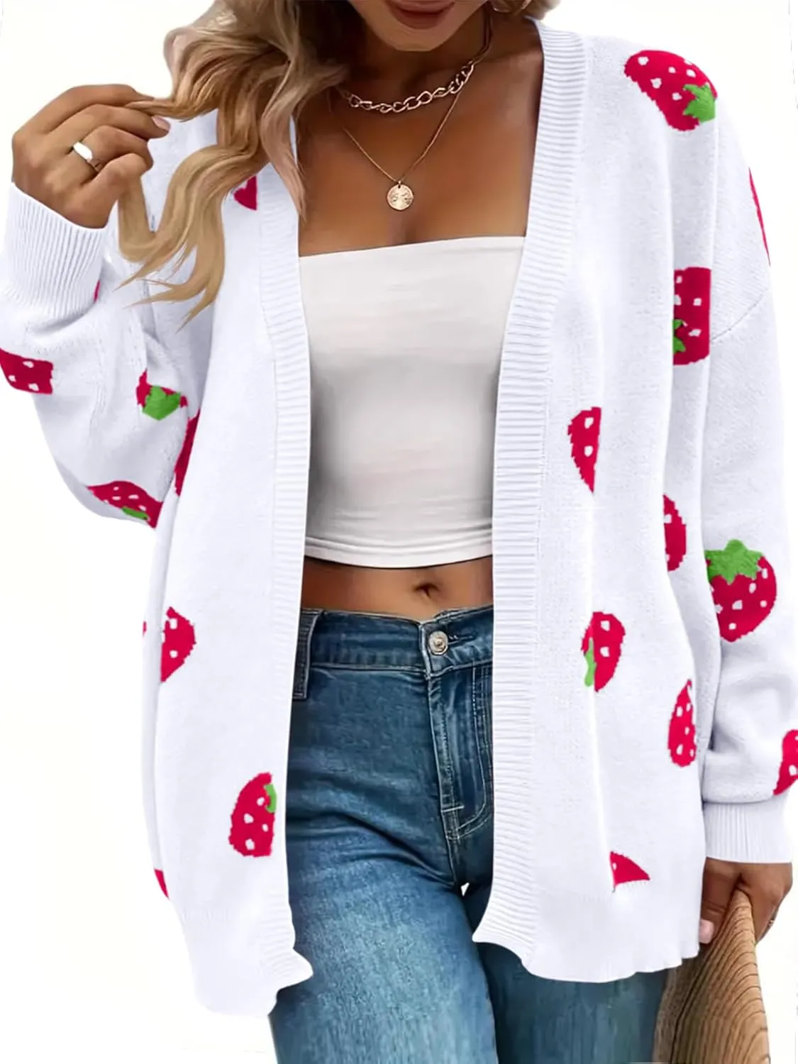 Women's Plus Size Strawberry Floral Print Long Sleeve Open Front Knit Cardigan Sweater