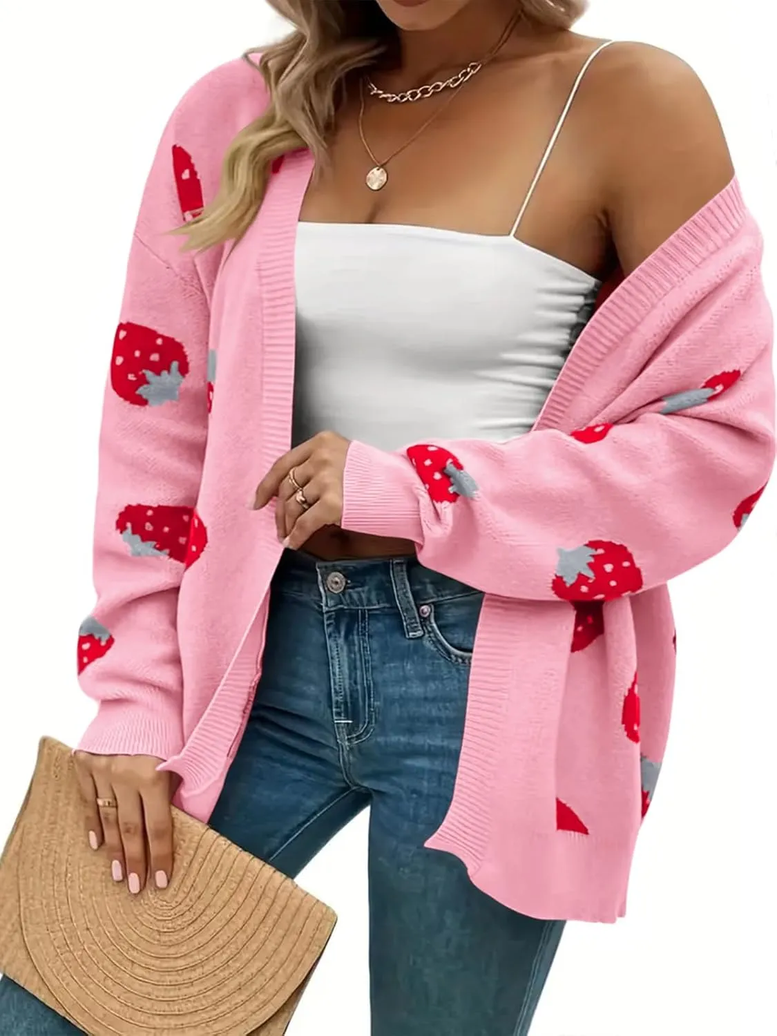 Women's Plus Size Strawberry Floral Print Long Sleeve Open Front Knit Cardigan Sweater