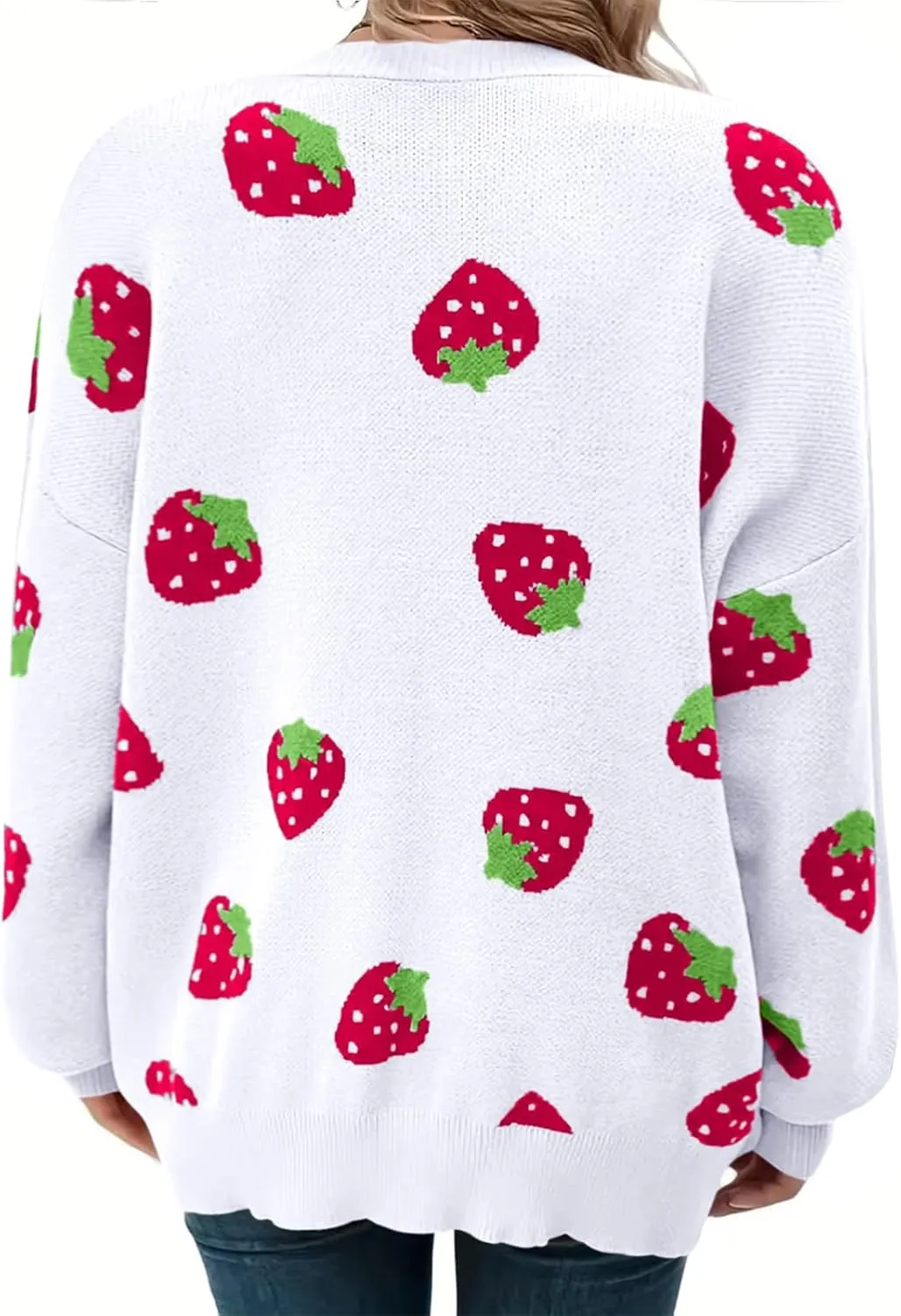 Women's Plus Size Strawberry Floral Print Long Sleeve Open Front Knit Cardigan Sweater