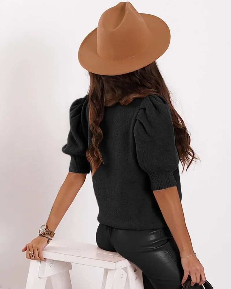 Women's Puff Short Sleeve Sweater Tops 2025 Spring Summer Trendy Crew Neck Casual T Shirts Blouses