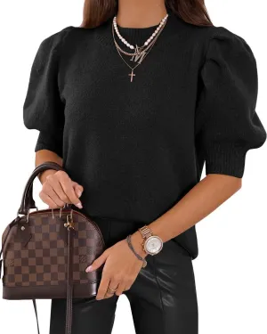 Women's Puff Short Sleeve Sweater Tops 2025 Spring Summer Trendy Crew Neck Casual T Shirts Blouses