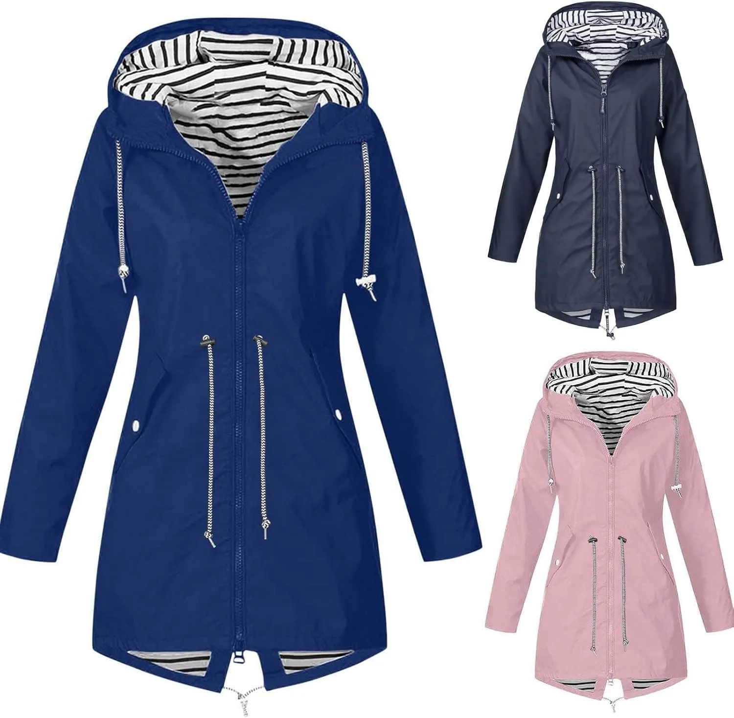 Womens Rain Jacket Lightweight Waterproof Long Hooded Raincoat Striped Lined Hiking Travel Trench Coats Windbreaker