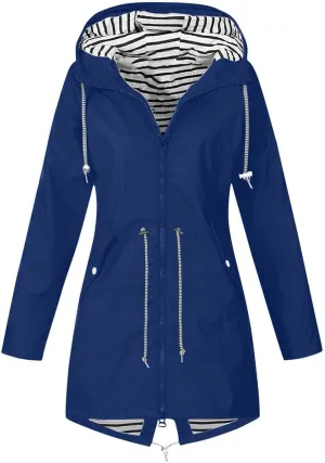 Womens Rain Jacket Lightweight Waterproof Long Hooded Raincoat Striped Lined Hiking Travel Trench Coats Windbreaker