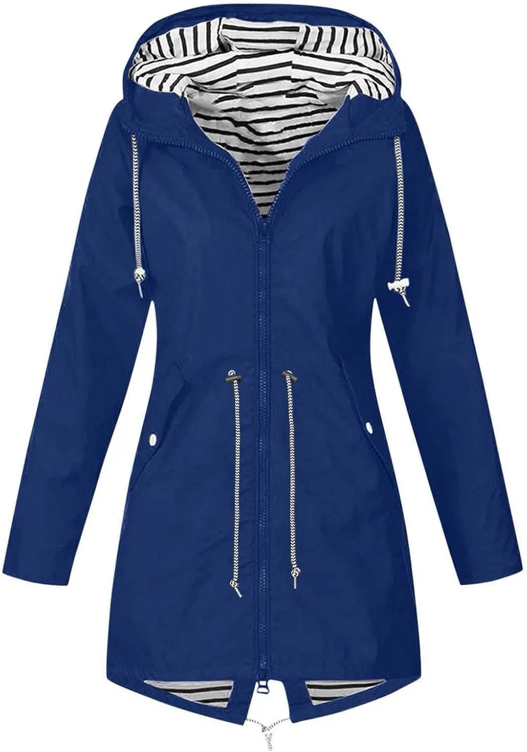 Womens Rain Jacket Lightweight Waterproof Long Hooded Raincoat Striped Lined Hiking Travel Trench Coats Windbreaker