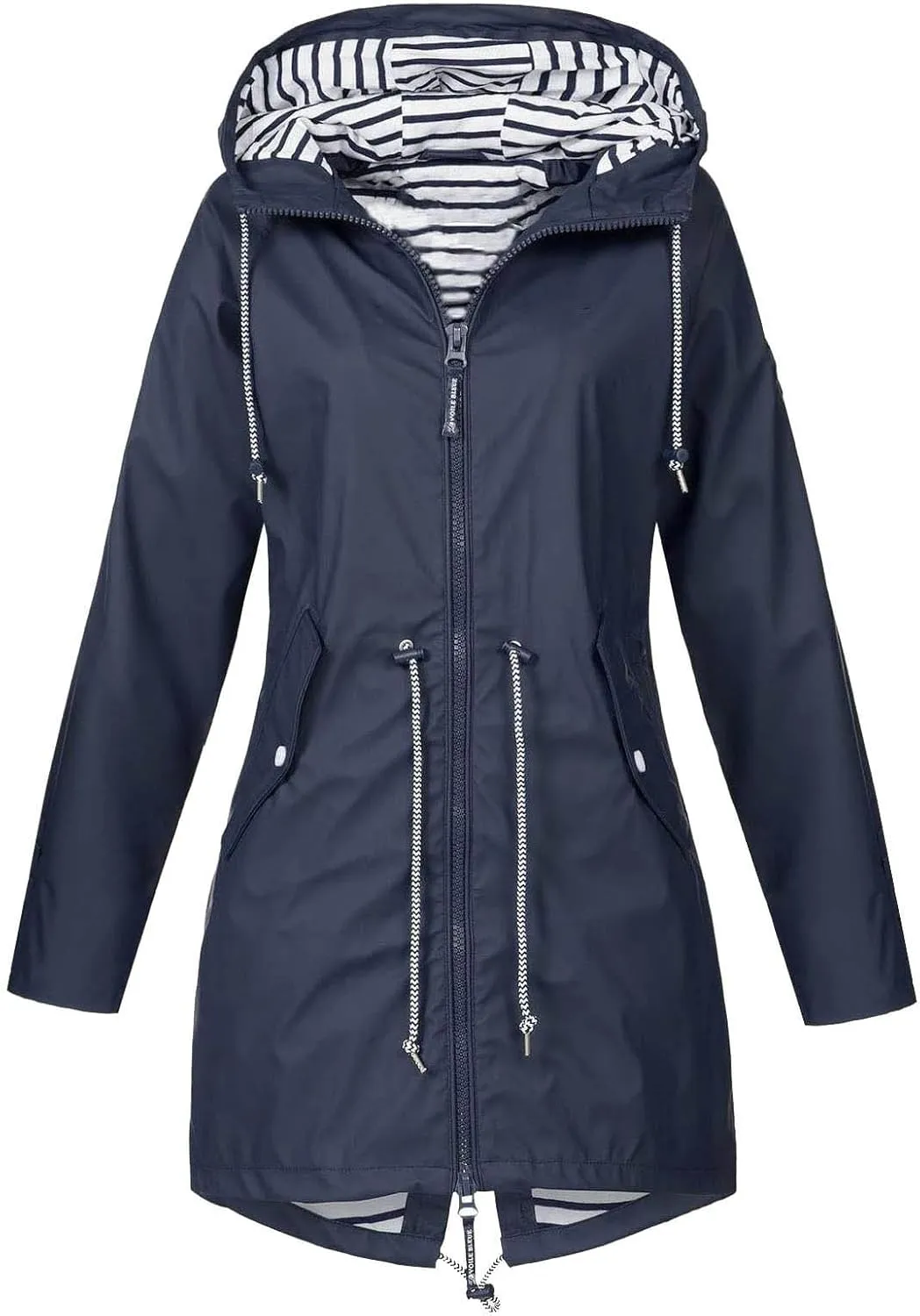 Womens Rain Jacket Lightweight Waterproof Long Hooded Raincoat Striped Lined Hiking Travel Trench Coats Windbreaker
