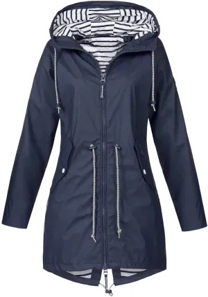 Womens Rain Jacket Lightweight Waterproof Long Hooded Raincoat Striped Lined Hiking Travel Trench Coats Windbreaker