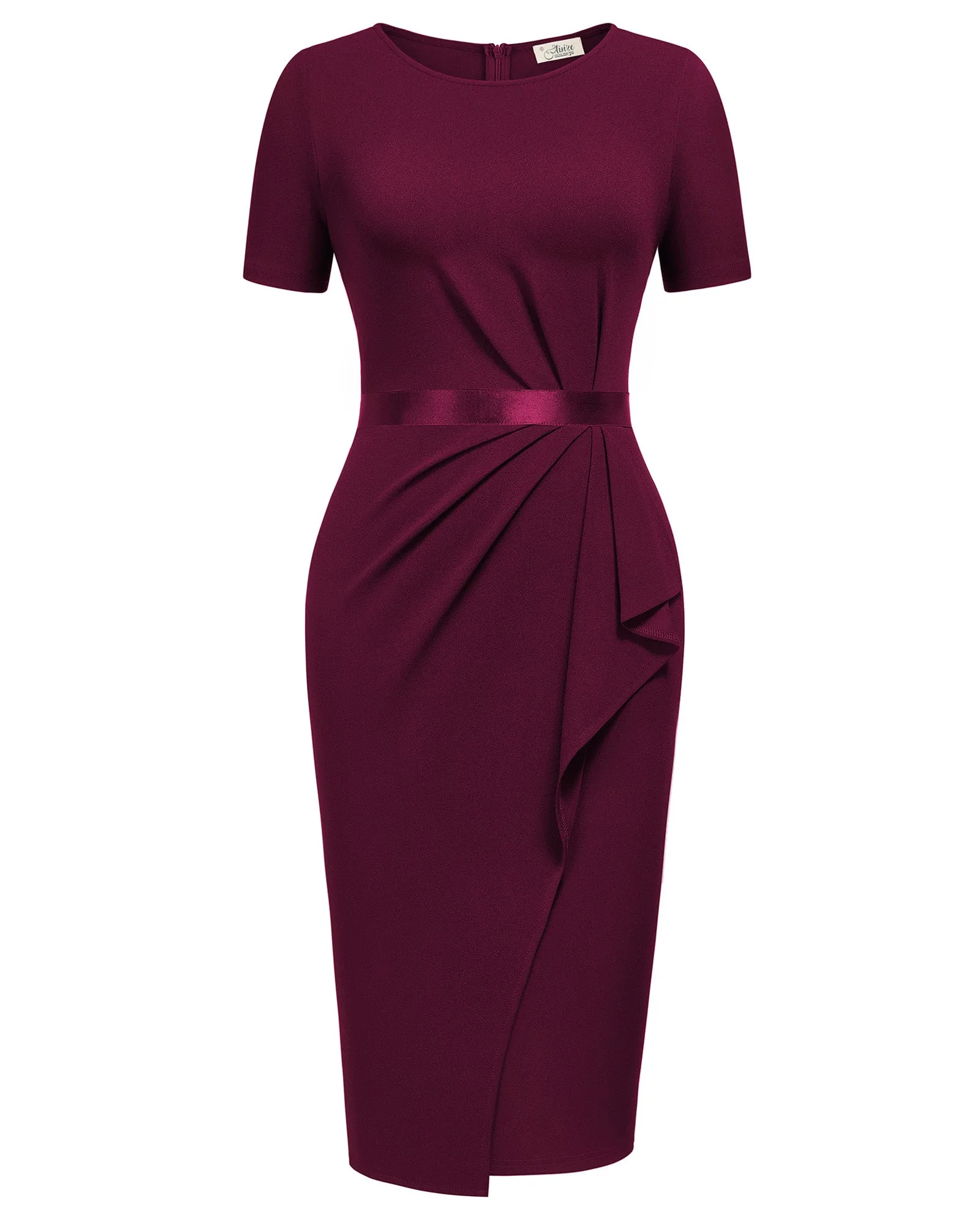 Women's Retro Crew Neck Ruffle Ruched Flattering Business Sheath Dress