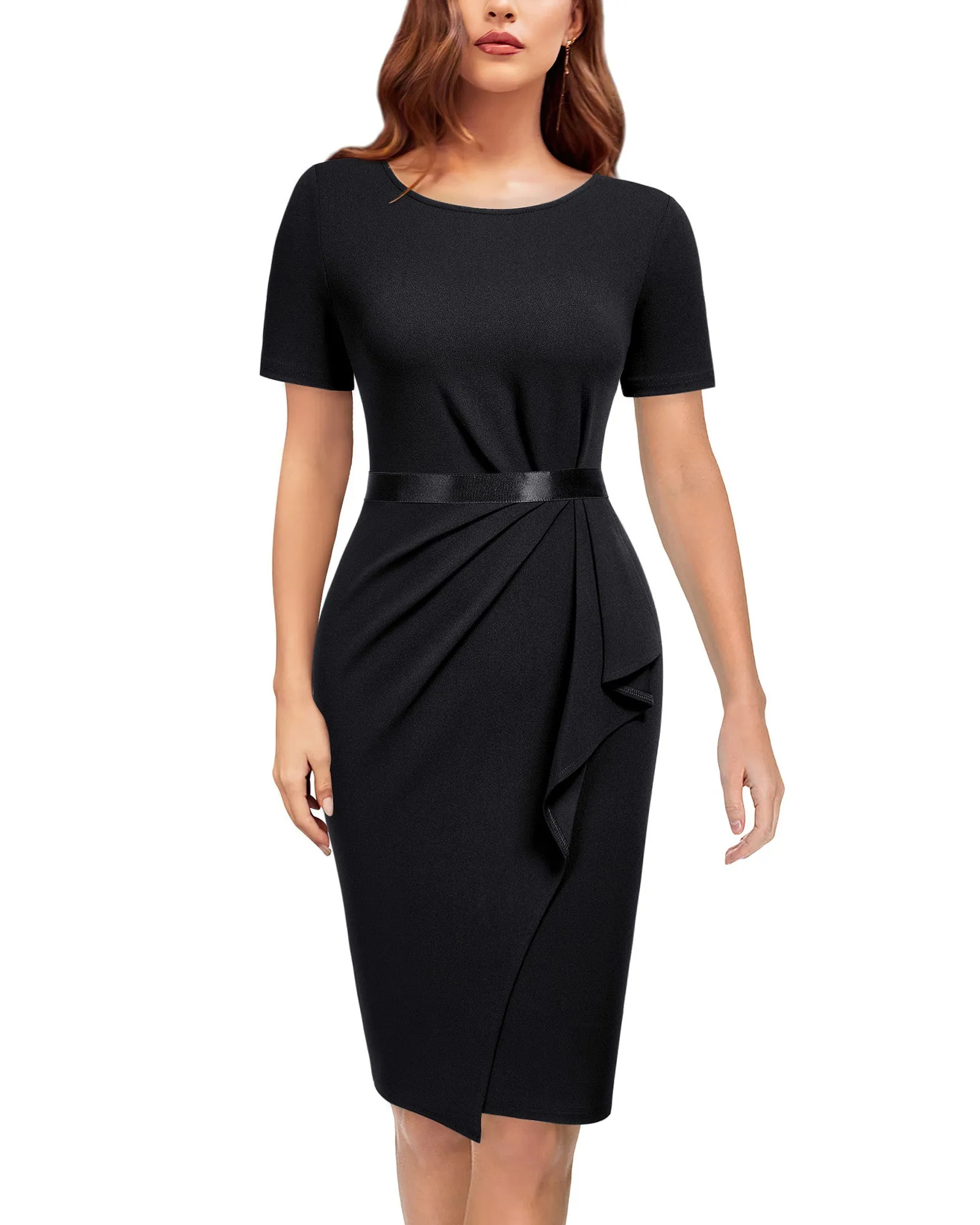 Women's Retro Crew Neck Ruffle Ruched Flattering Business Sheath Dress