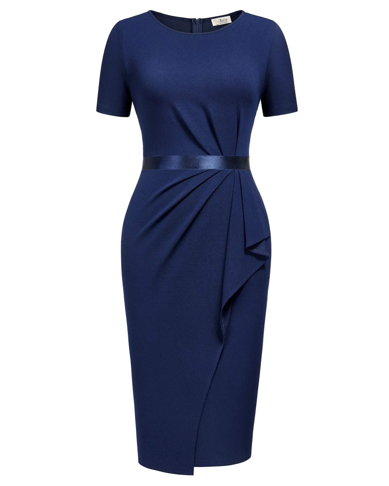 Women's Retro Crew Neck Ruffle Ruched Flattering Business Sheath Dress