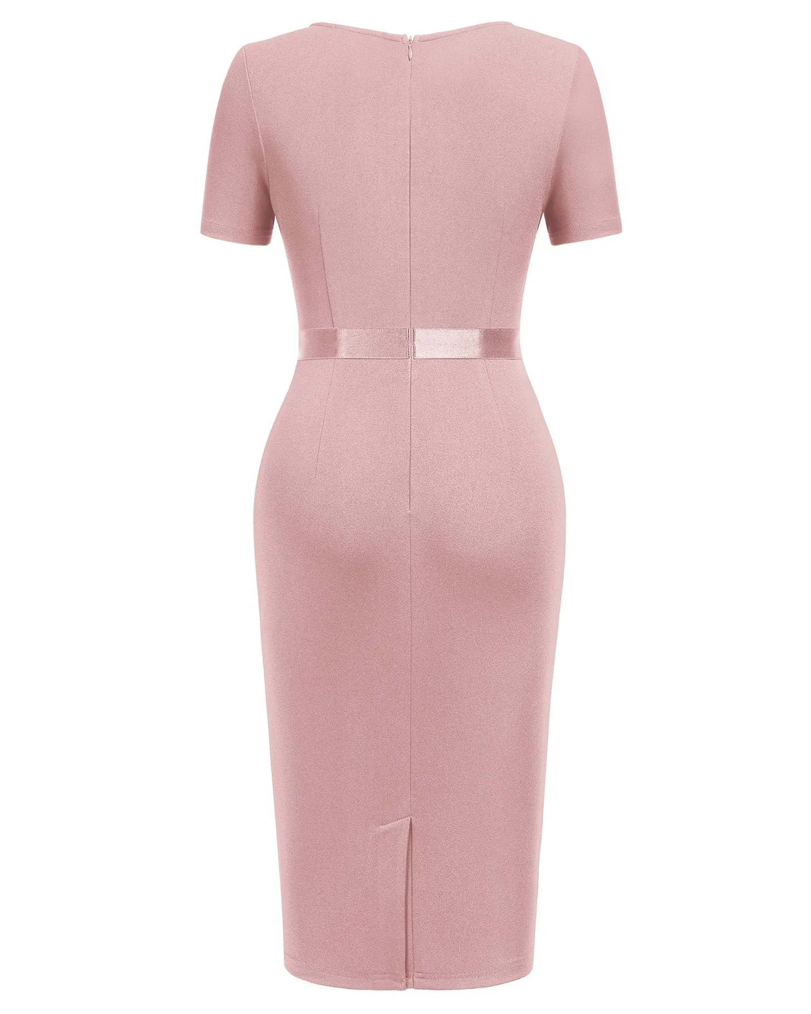 Women's Retro Crew Neck Ruffle Ruched Flattering Business Sheath Dress