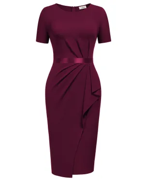 Women's Retro Crew Neck Ruffle Ruched Flattering Business Sheath Dress