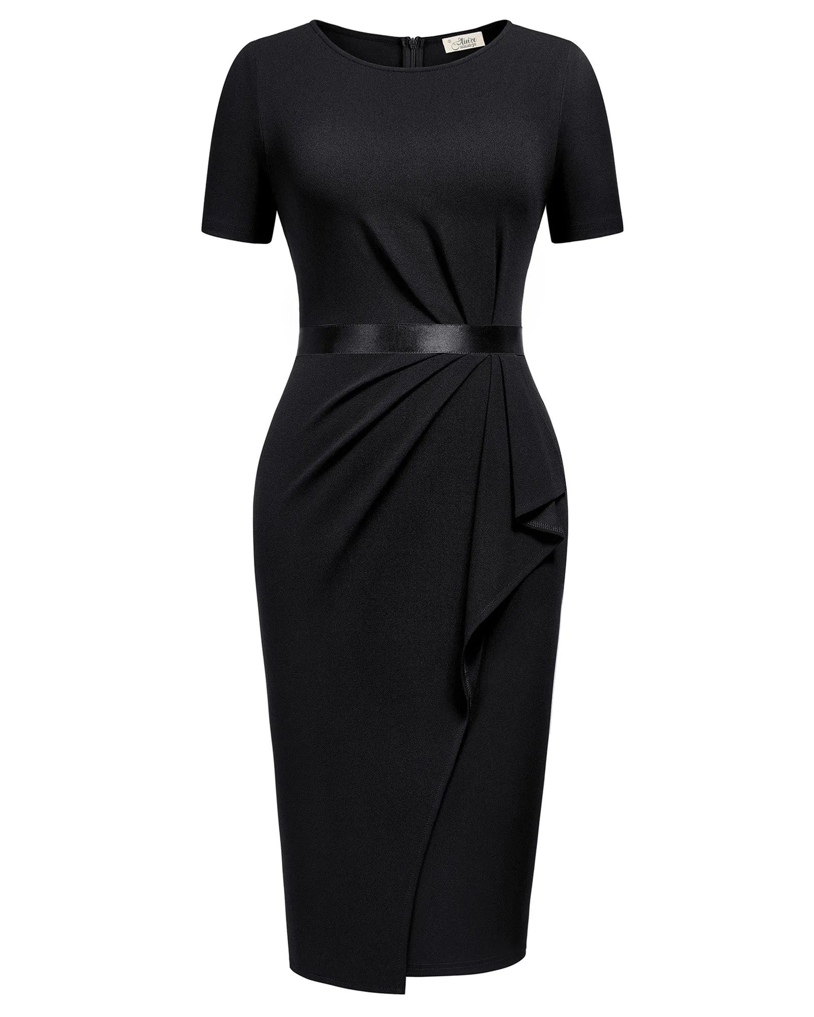 Women's Retro Crew Neck Ruffle Ruched Flattering Business Sheath Dress