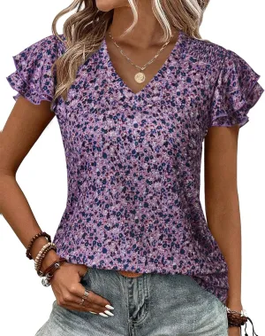 Womens Ruffle Sleeve Tops Summer Dressy Casual V Neck Tunics for Leggings Sleeveless Blouses Shirts