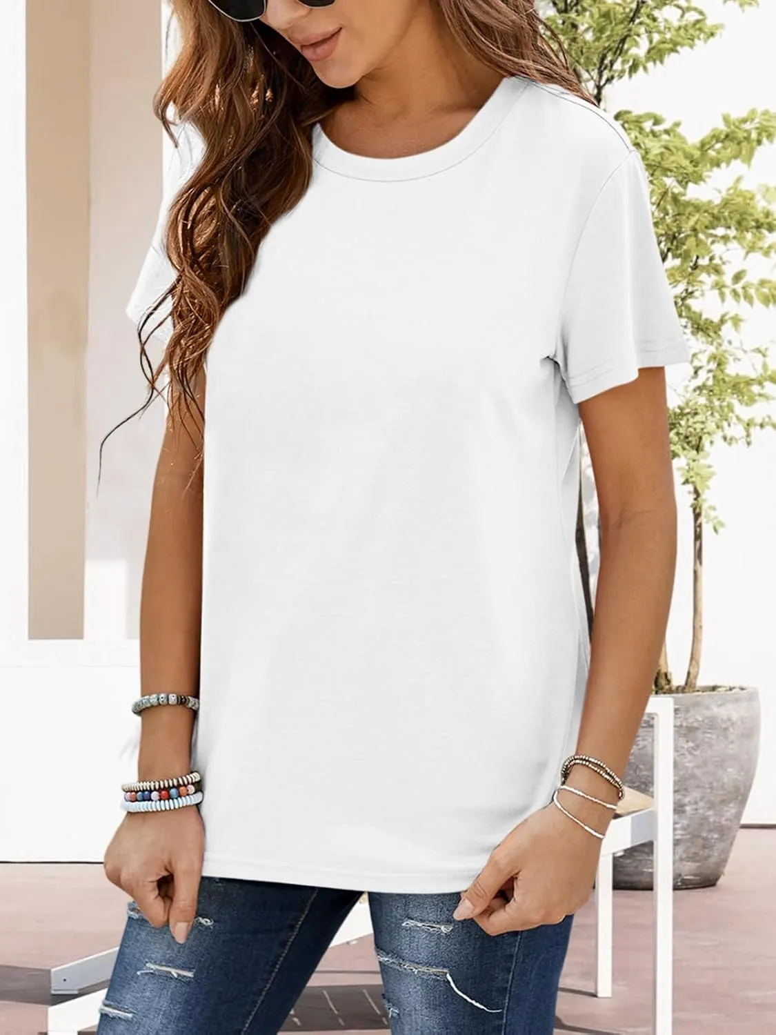 Womens Short Sleeve T Shirts Crewneck Summer Trendy Solid Basic Tee Tops Casual Summer Loose Fit Shirts