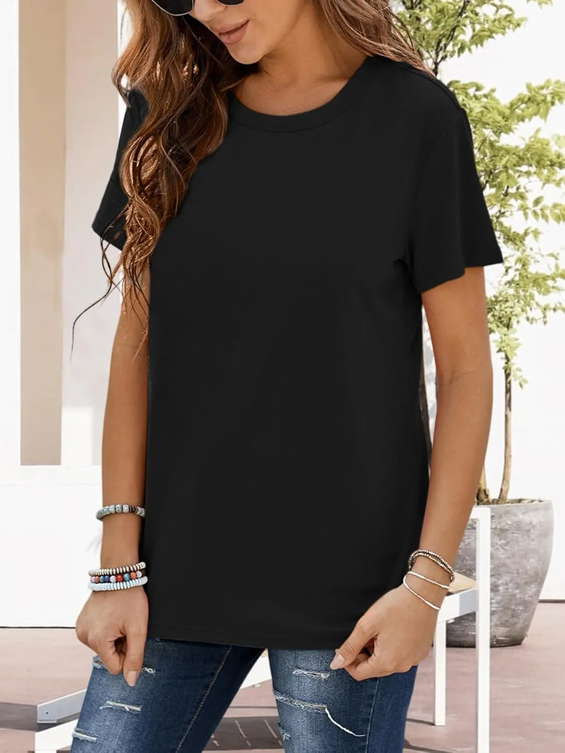 Womens Short Sleeve T Shirts Crewneck Summer Trendy Solid Basic Tee Tops Casual Summer Loose Fit Shirts