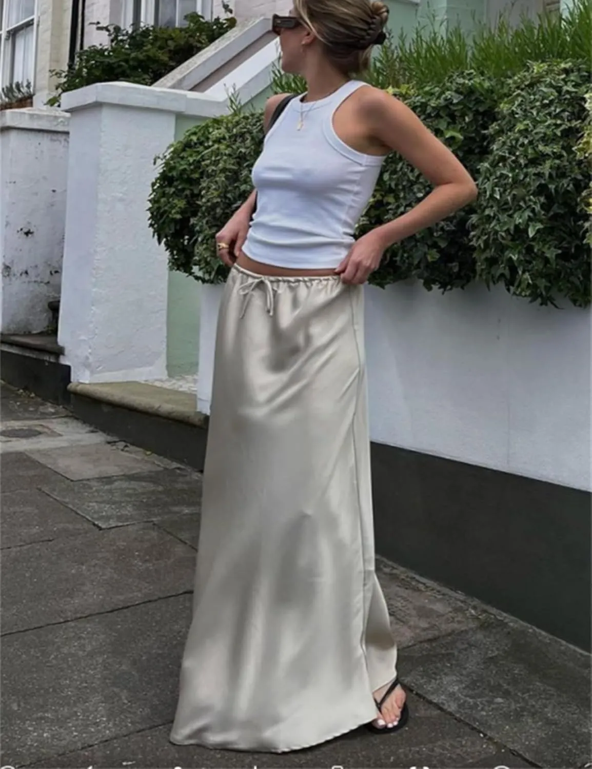 Womens Silk Satin Maxi Skirts Drawstring Flared Casual Elegant Work Skirts A-Line Long Skirt for Women