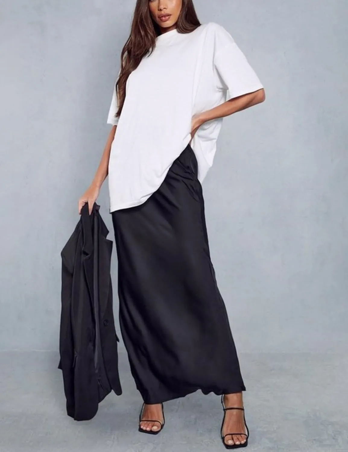Womens Silk Satin Maxi Skirts Drawstring Flared Casual Elegant Work Skirts A-Line Long Skirt for Women