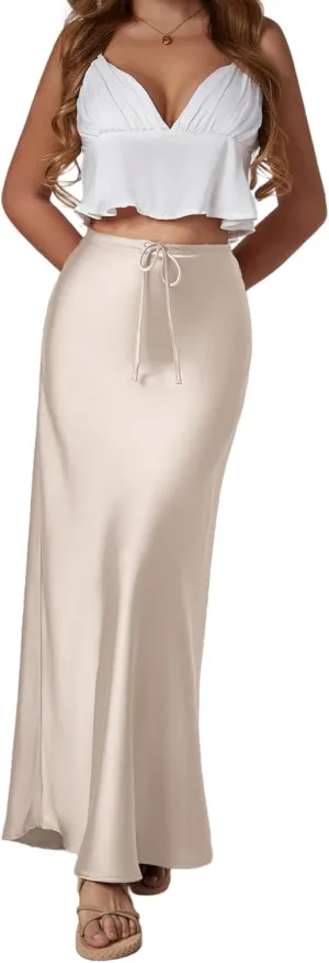 Womens Silk Satin Maxi Skirts Drawstring Flared Casual Elegant Work Skirts A-Line Long Skirt for Women
