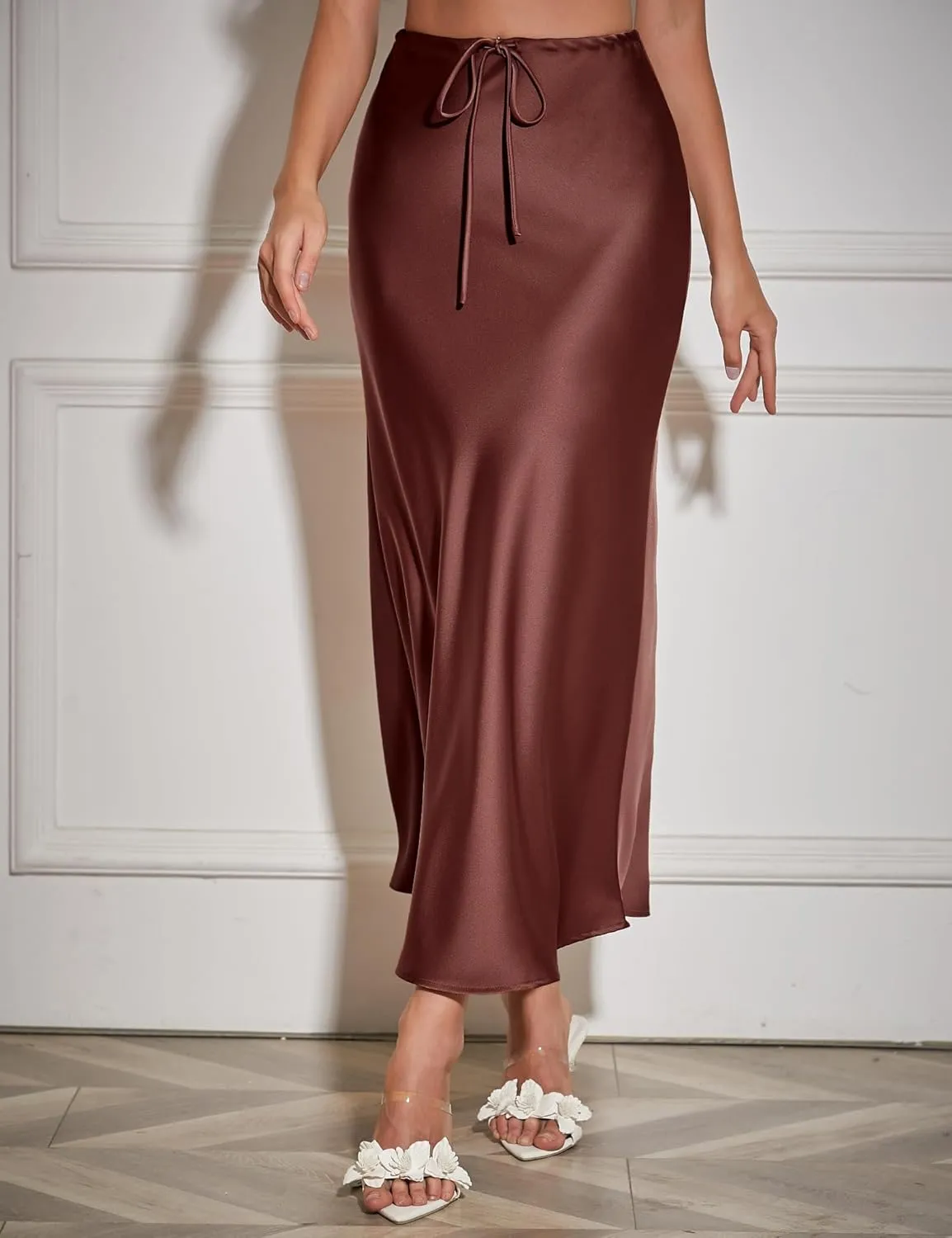 Womens Silk Satin Maxi Skirts Drawstring Flared Casual Elegant Work Skirts A-Line Long Skirt for Women
