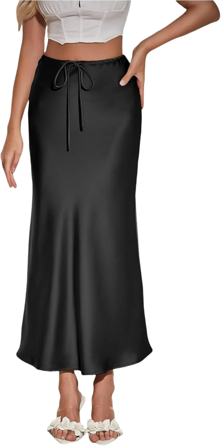 Womens Silk Satin Maxi Skirts Drawstring Flared Casual Elegant Work Skirts A-Line Long Skirt for Women