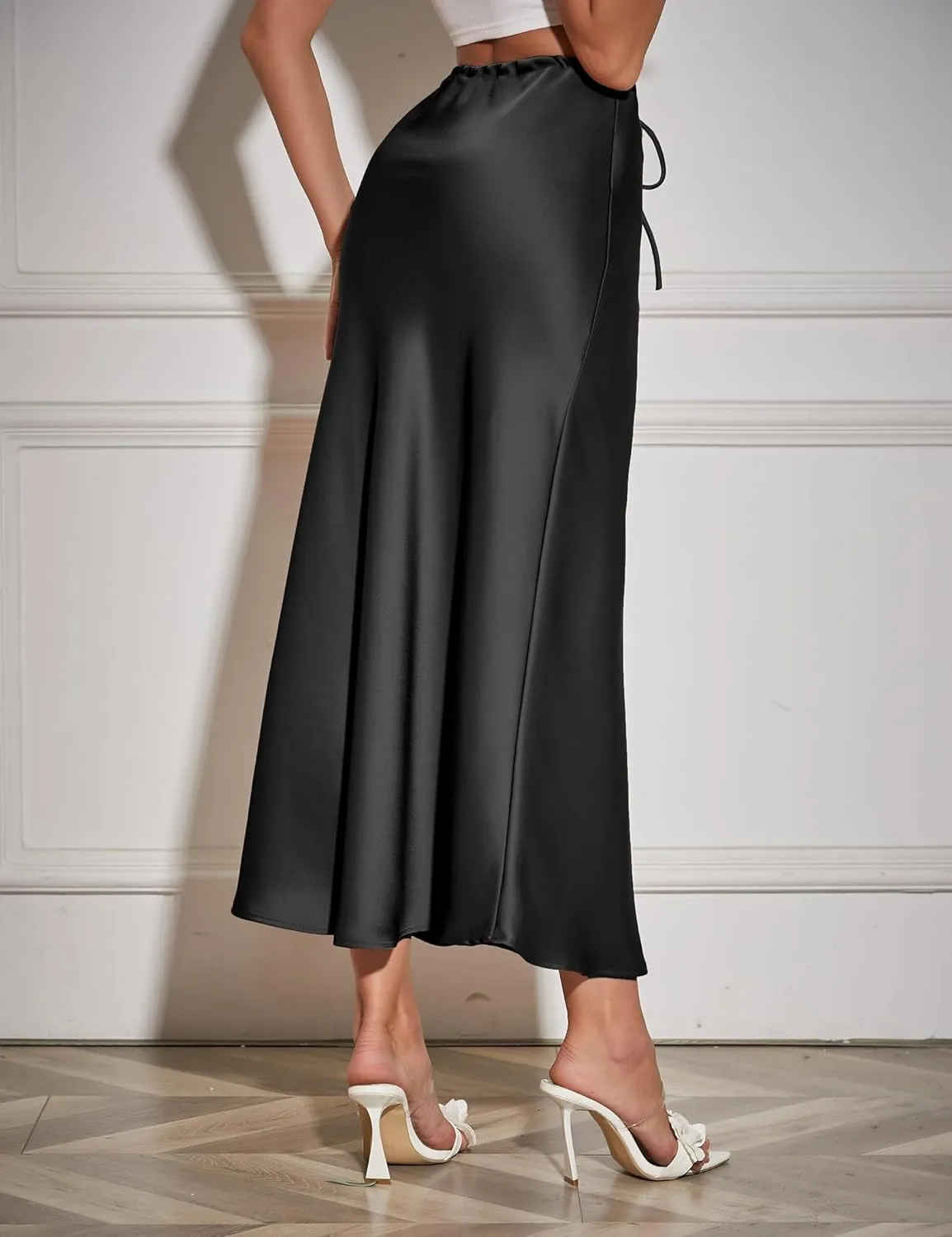 Womens Silk Satin Maxi Skirts Drawstring Flared Casual Elegant Work Skirts A-Line Long Skirt for Women