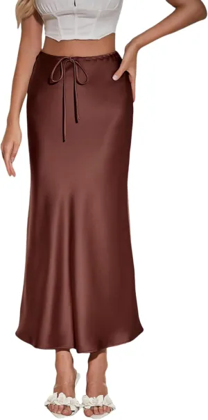 Womens Silk Satin Maxi Skirts Drawstring Flared Casual Elegant Work Skirts A-Line Long Skirt for Women