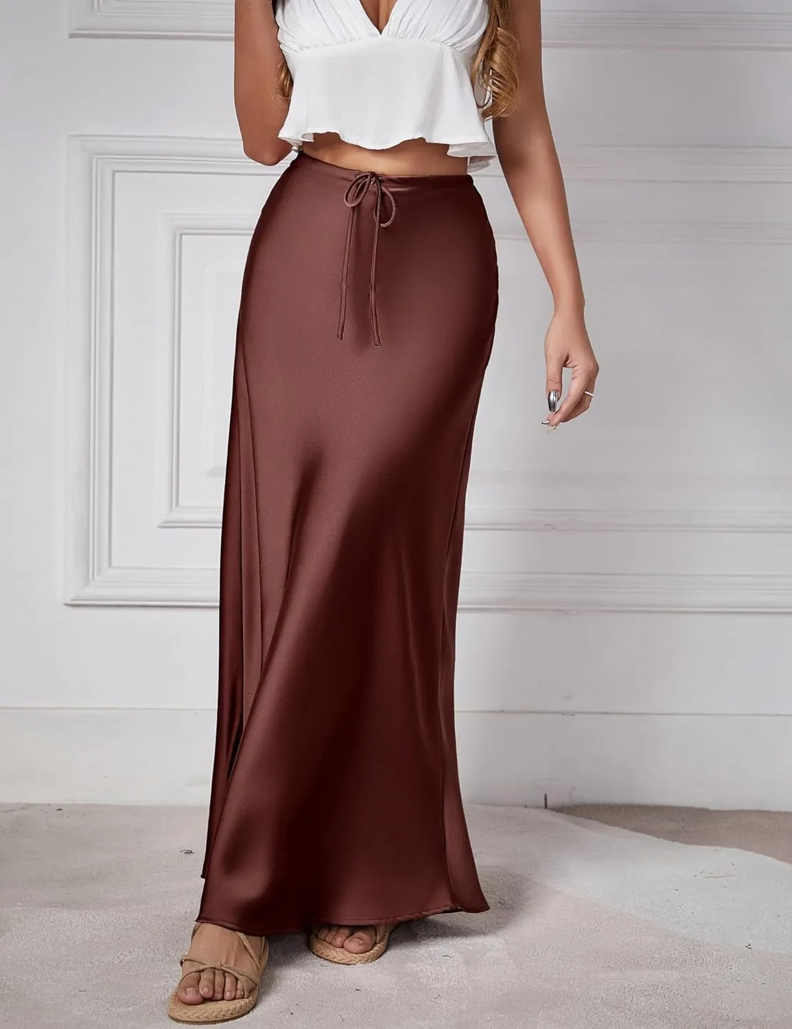 Womens Silk Satin Maxi Skirts Drawstring Flared Casual Elegant Work Skirts A-Line Long Skirt for Women