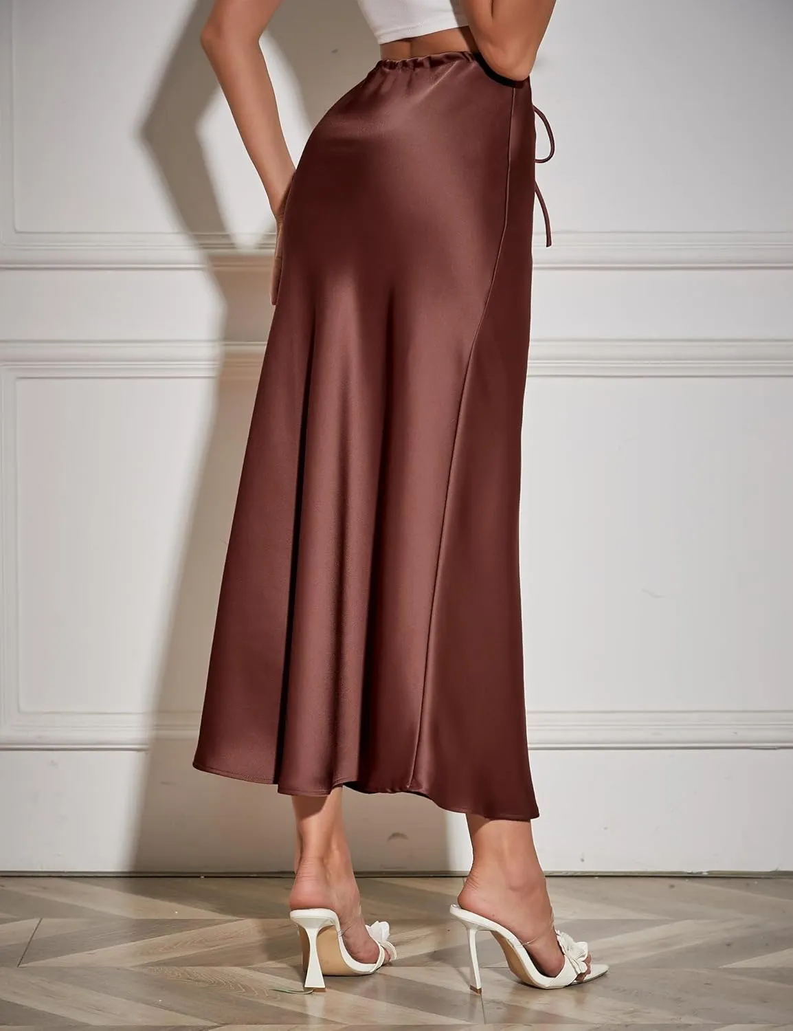 Womens Silk Satin Maxi Skirts Drawstring Flared Casual Elegant Work Skirts A-Line Long Skirt for Women