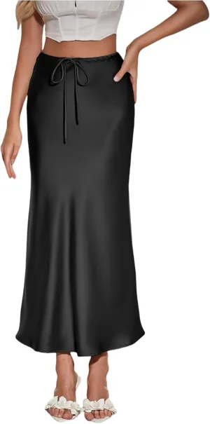 Womens Silk Satin Maxi Skirts Drawstring Flared Casual Elegant Work Skirts A-Line Long Skirt for Women