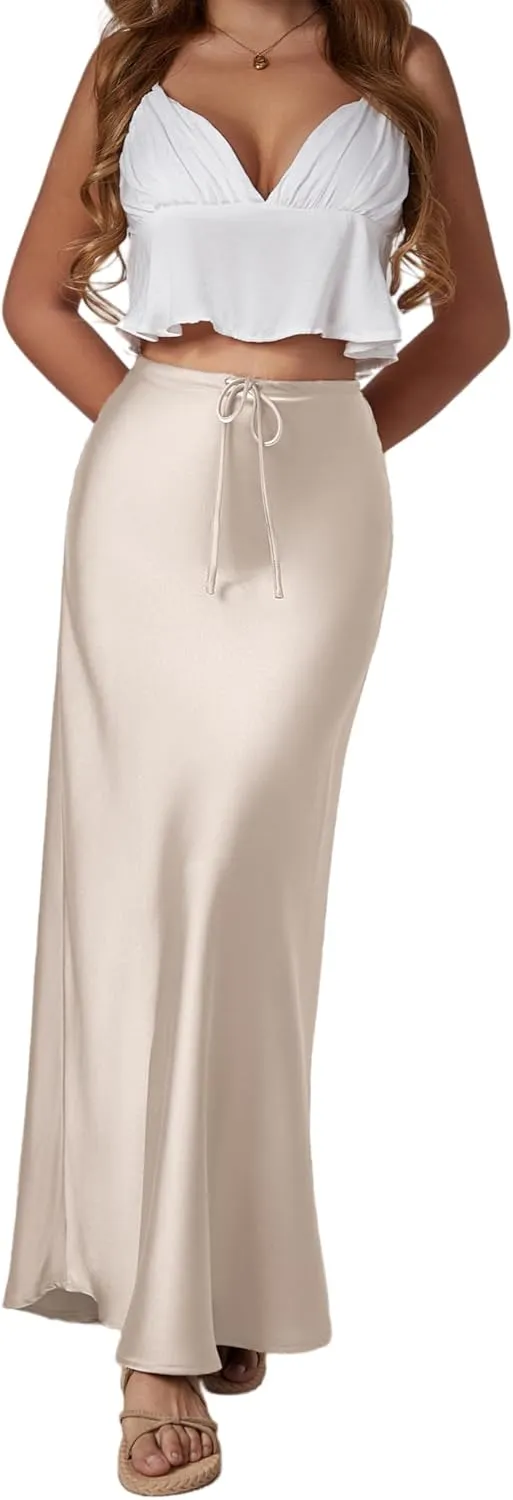 Womens Silk Satin Maxi Skirts Drawstring Flared Casual Elegant Work Skirts A-Line Long Skirt for Women