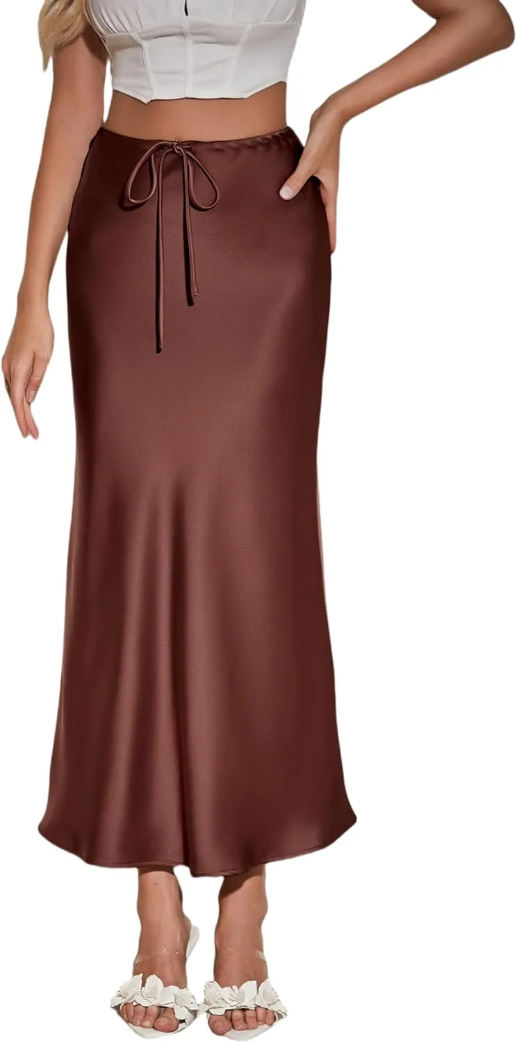 Womens Silk Satin Maxi Skirts Drawstring Flared Casual Elegant Work Skirts A-Line Long Skirt for Women