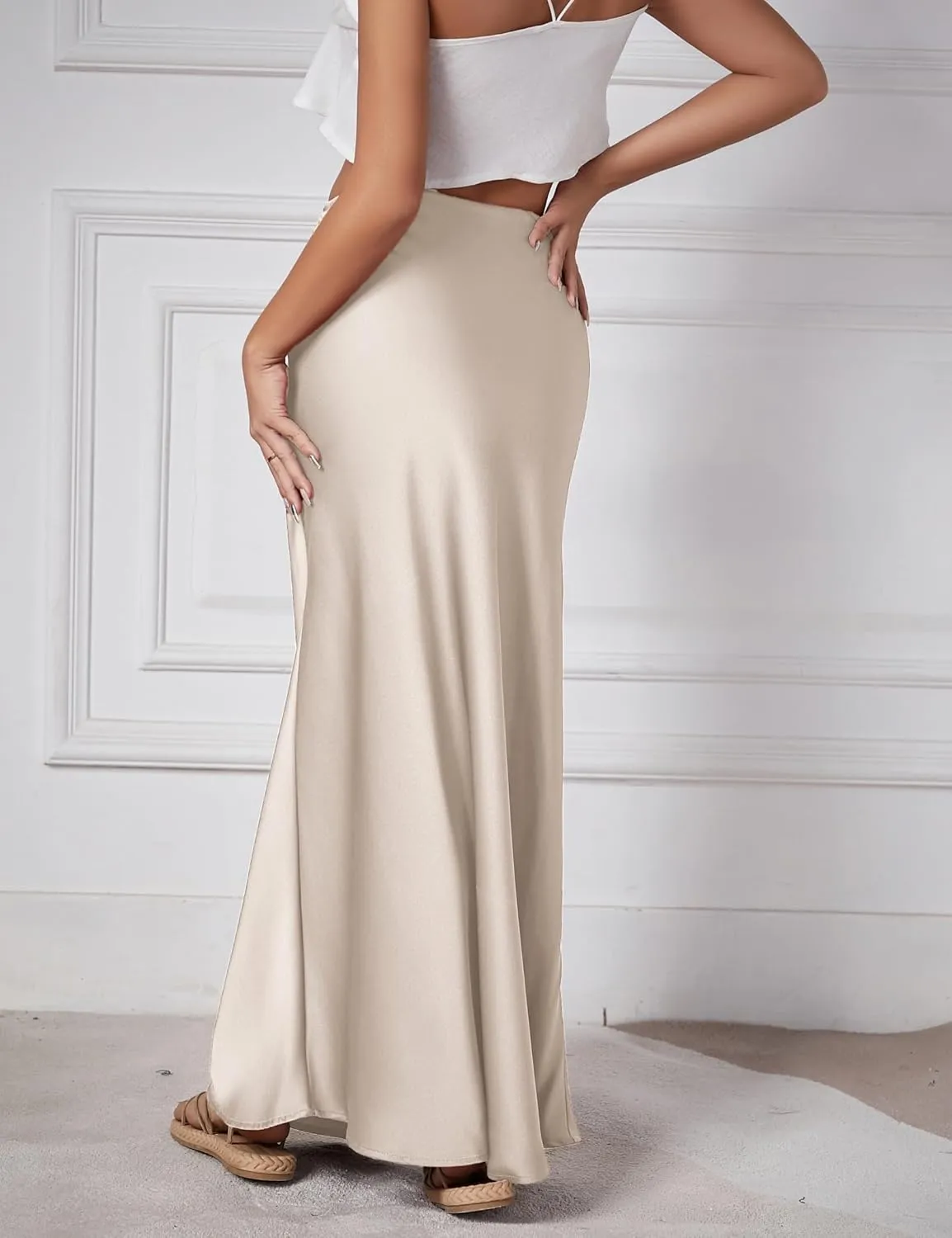 Womens Silk Satin Maxi Skirts Drawstring Flared Casual Elegant Work Skirts A-Line Long Skirt for Women