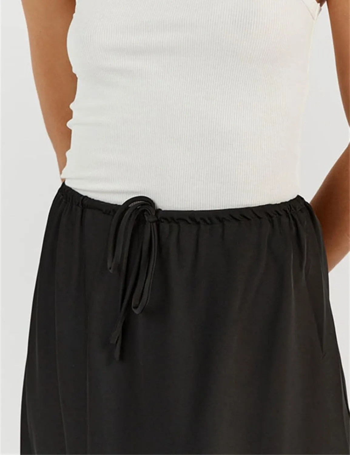 Womens Silk Satin Maxi Skirts Drawstring Flared Casual Elegant Work Skirts A-Line Long Skirt for Women