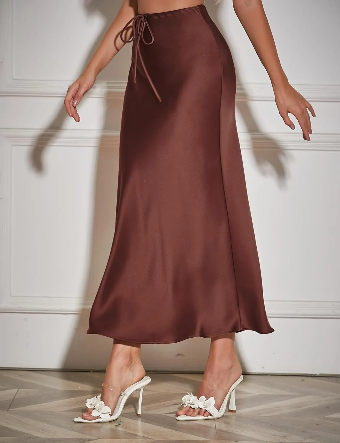 Womens Silk Satin Maxi Skirts Drawstring Flared Casual Elegant Work Skirts A-Line Long Skirt for Women