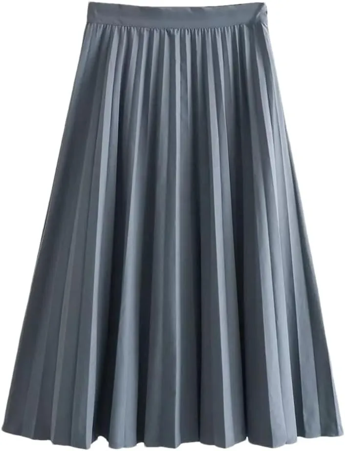 Women's Solid Vintage Skirts Slim Fit High Waisted A-Line Skirts Mid Length Pleated Midi Skirt