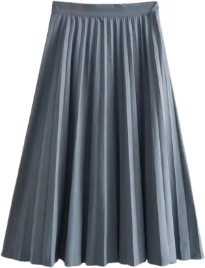 Women's Solid Vintage Skirts Slim Fit High Waisted A-Line Skirts Mid Length Pleated Midi Skirt