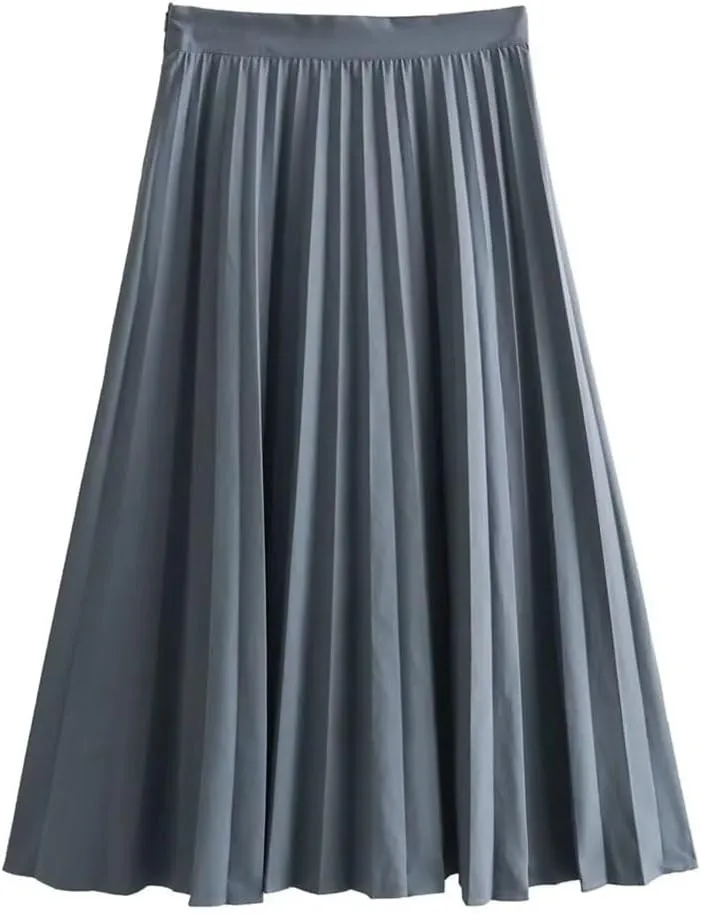 Women's Solid Vintage Skirts Slim Fit High Waisted A-Line Skirts Mid Length Pleated Midi Skirt