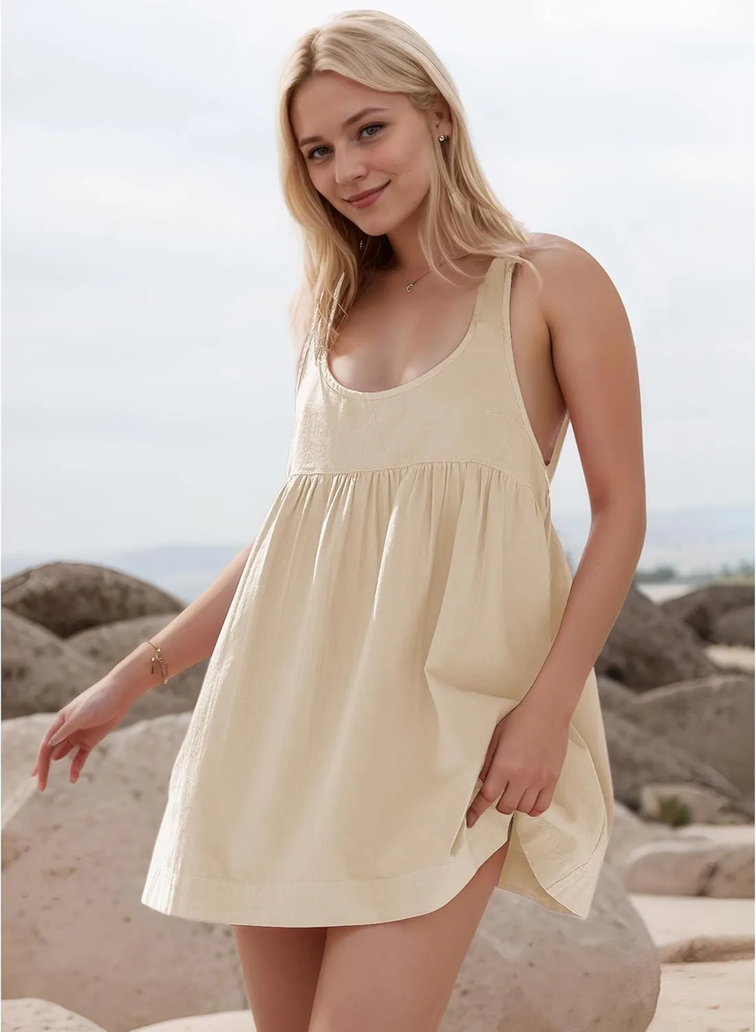 Women's Summer Babydoll Mini Dress Sleeveless Open Back Tank Scoop Neck Casual Dress with Pockets Flowy Sundress 2025