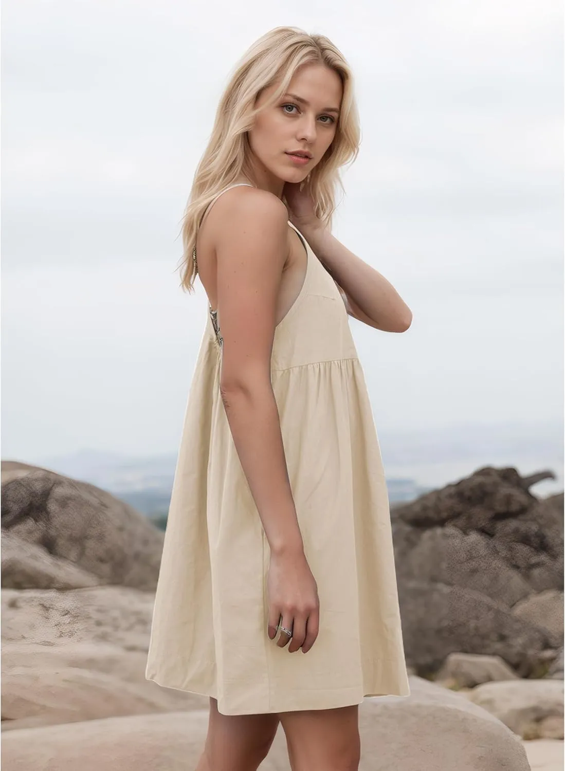 Women's Summer Babydoll Mini Dress Sleeveless Open Back Tank Scoop Neck Casual Dress with Pockets Flowy Sundress 2025