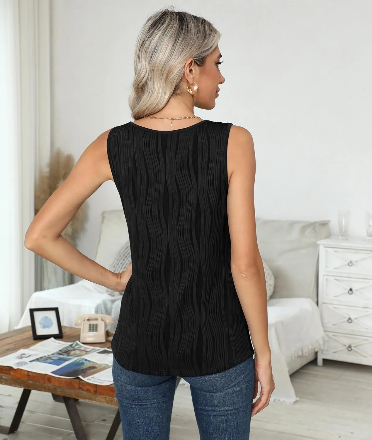 Womens Summer Tank Tops Sleeveless Slim Dressy Shirts Blouses Textured Scoop Neck for Business Casual Work