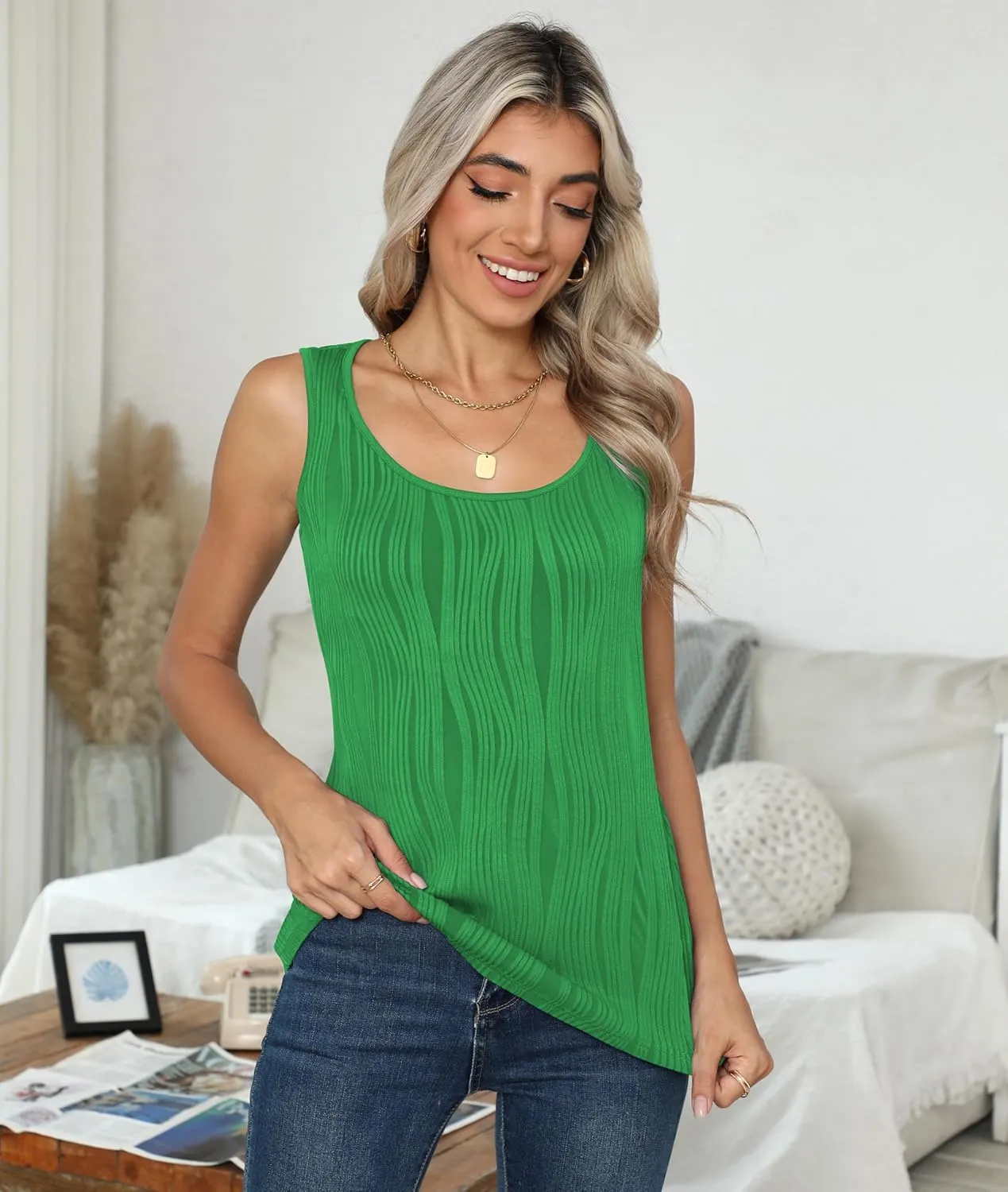 Womens Summer Tank Tops Sleeveless Slim Dressy Shirts Blouses Textured Scoop Neck for Business Casual Work