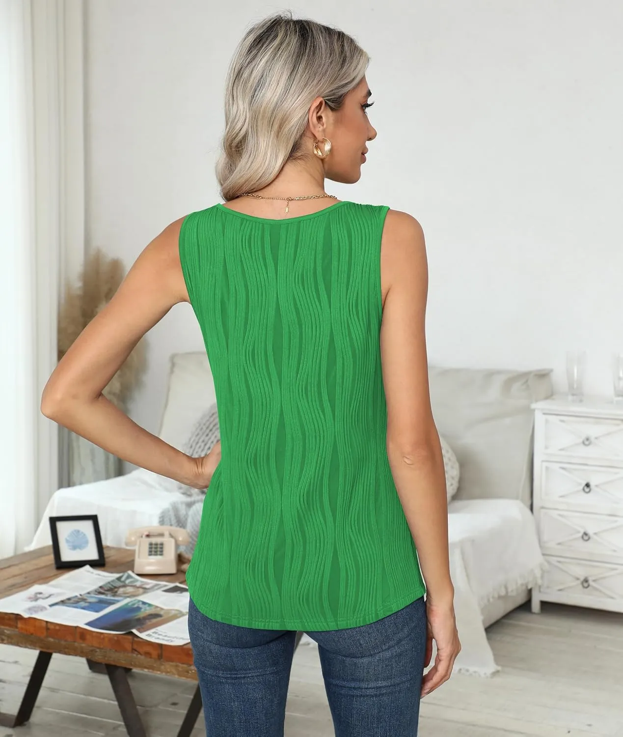 Womens Summer Tank Tops Sleeveless Slim Dressy Shirts Blouses Textured Scoop Neck for Business Casual Work