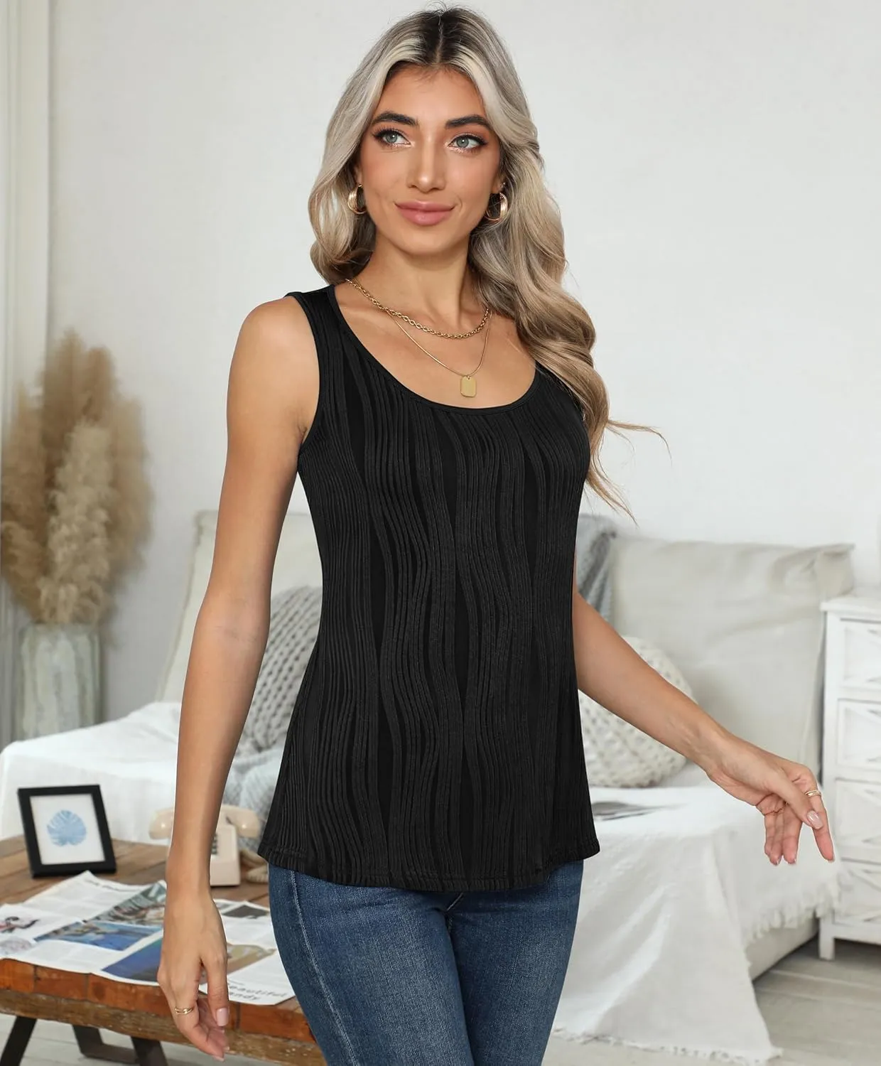 Womens Summer Tank Tops Sleeveless Slim Dressy Shirts Blouses Textured Scoop Neck for Business Casual Work