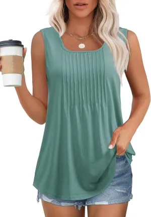 Women's Summer Tank Tops Square Neck Dressy Casual Sleeveless Blouses Plus Scooped Neck Pleated Work Shirts