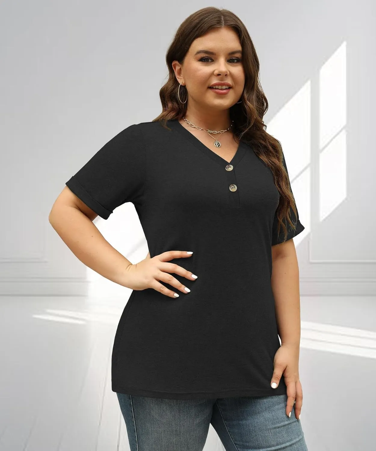 Womens Summer Tops Trendy Button Down V Neck Shirts Short Sleeve Blouses Business Casual Loose Tunics
