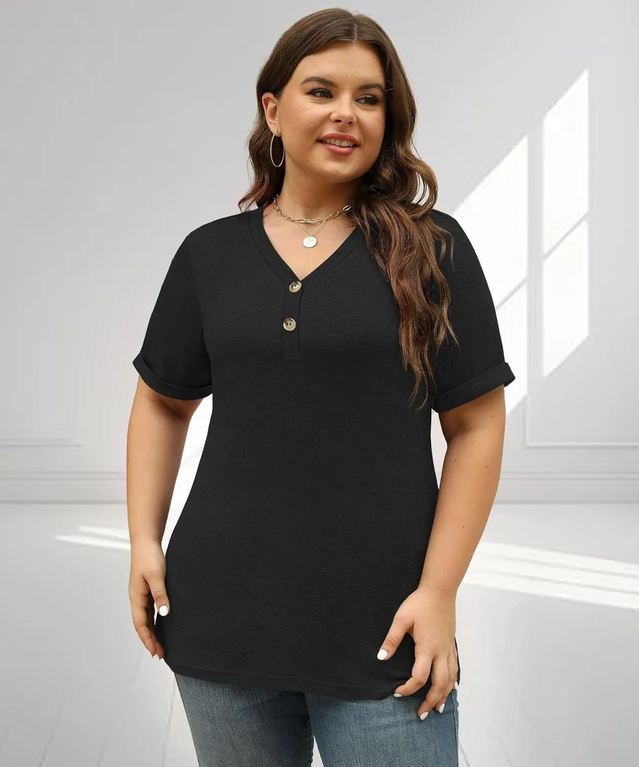 Womens Summer Tops Trendy Button Down V Neck Shirts Short Sleeve Blouses Business Casual Loose Tunics