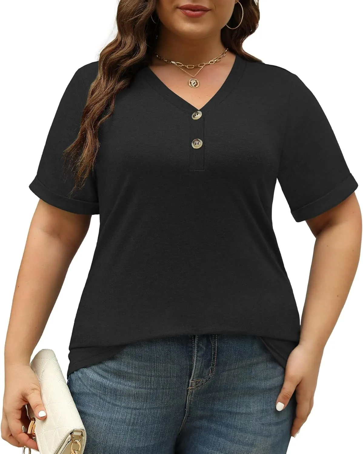 Womens Summer Tops Trendy Button Down V Neck Shirts Short Sleeve Blouses Business Casual Loose Tunics